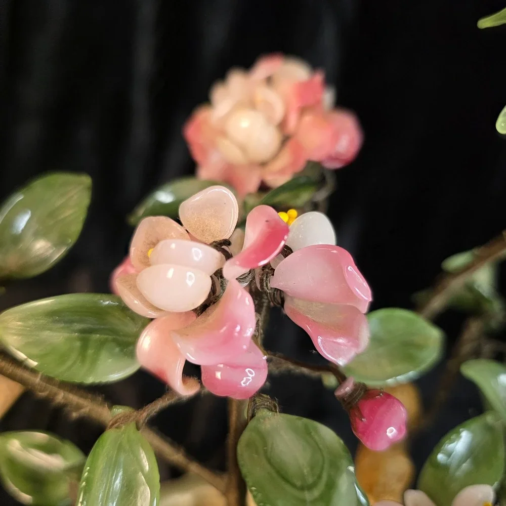 VTG Chinese Peking Glass Bonsai Tree Pink Cherry Blossom Celadon Crane 13